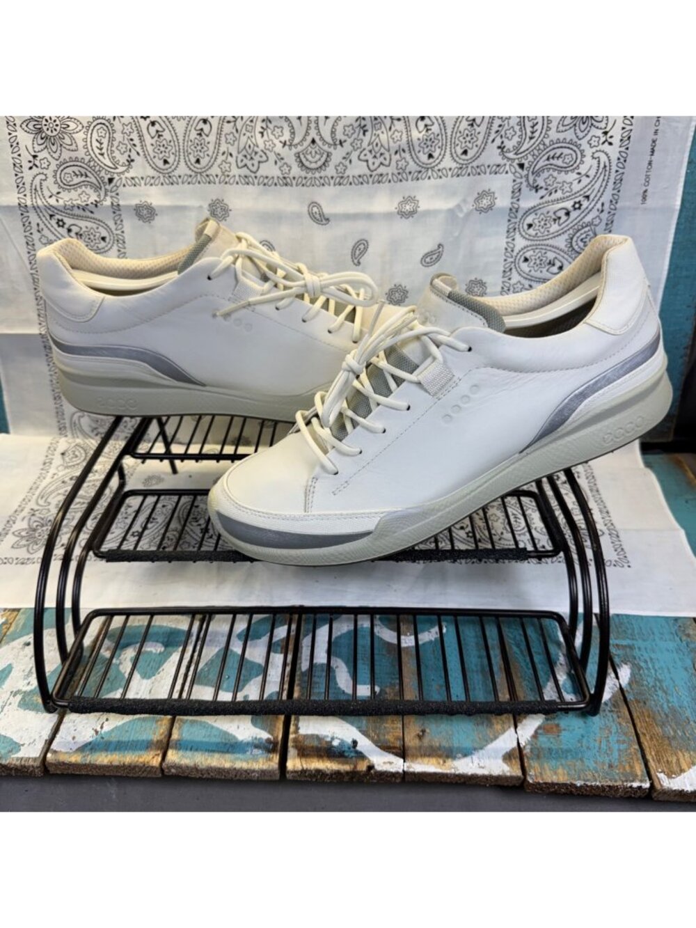 ECCO BIOM Hybrid Laced Spikeless Golf Shoes White/Silver Mens Sz 42/US 8-8.5 EUC